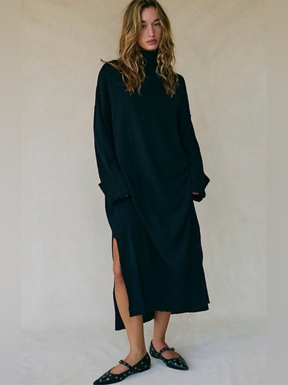 FREE PEOPLE Black Turtleneck Maxi Sweater Dress with Side Slit Size Sm